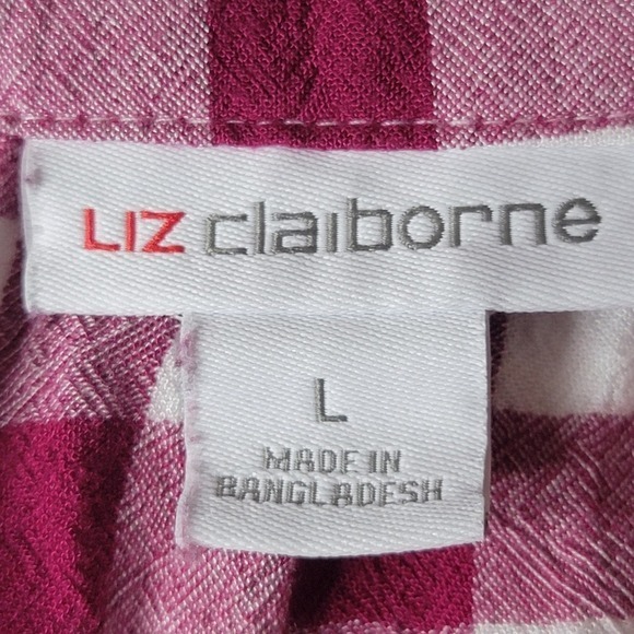 Liz Claiborne Womens  Top Size L Red White Plaid V Neck Country Cuffed Sleeve - Picture 8 of 9